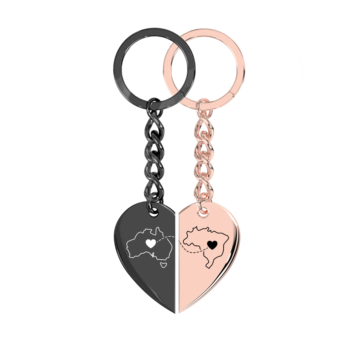Heart Between Countries Engraved Keychain (2 Keychains)