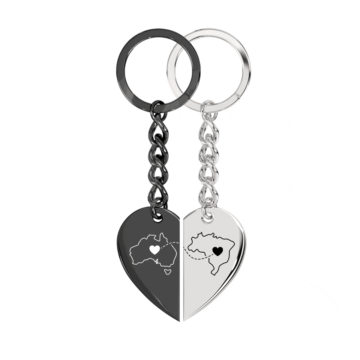 Heart Between Countries Engraved Keychain (2 Keychains)