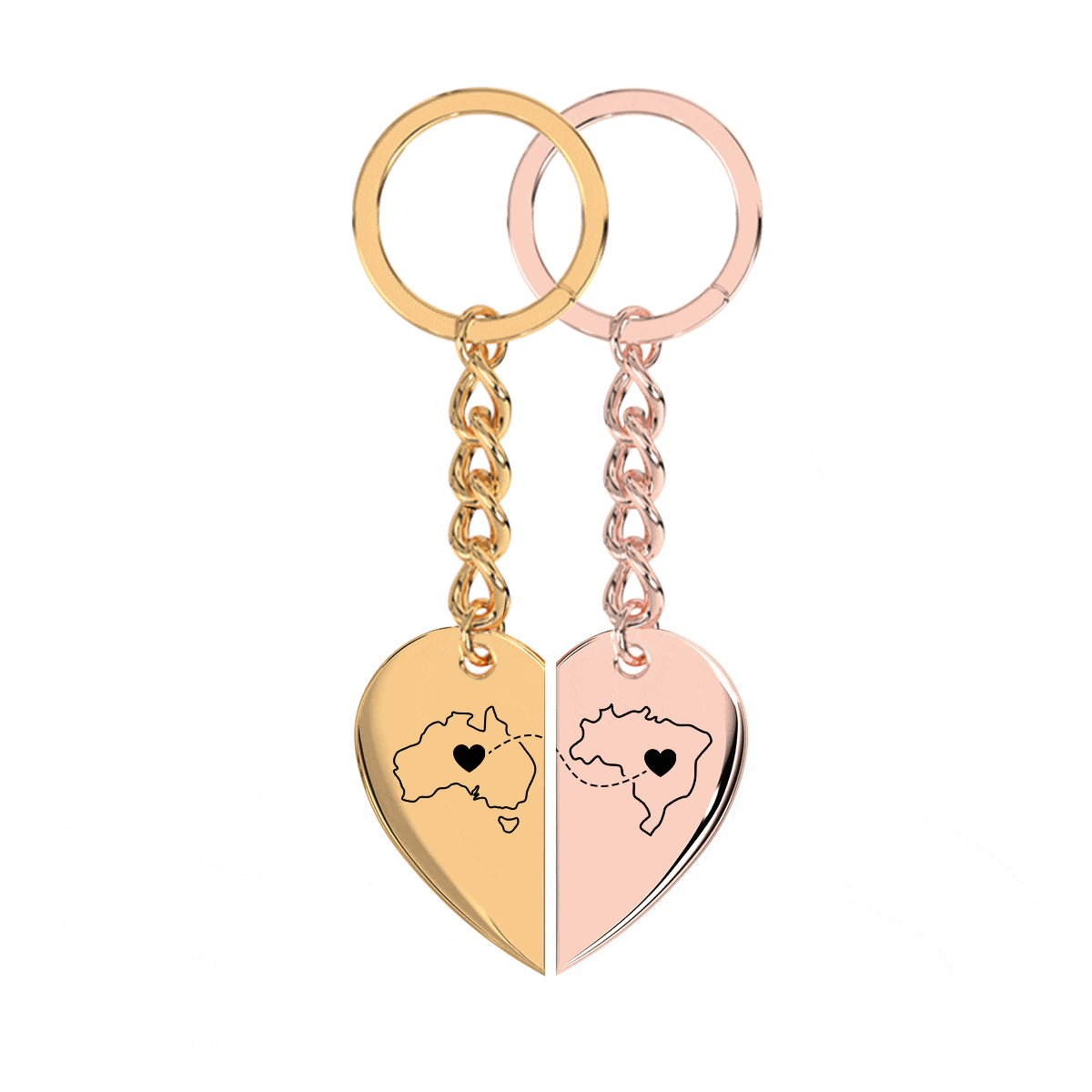 Heart Between Countries Engraved Keychain (2 Keychains)
