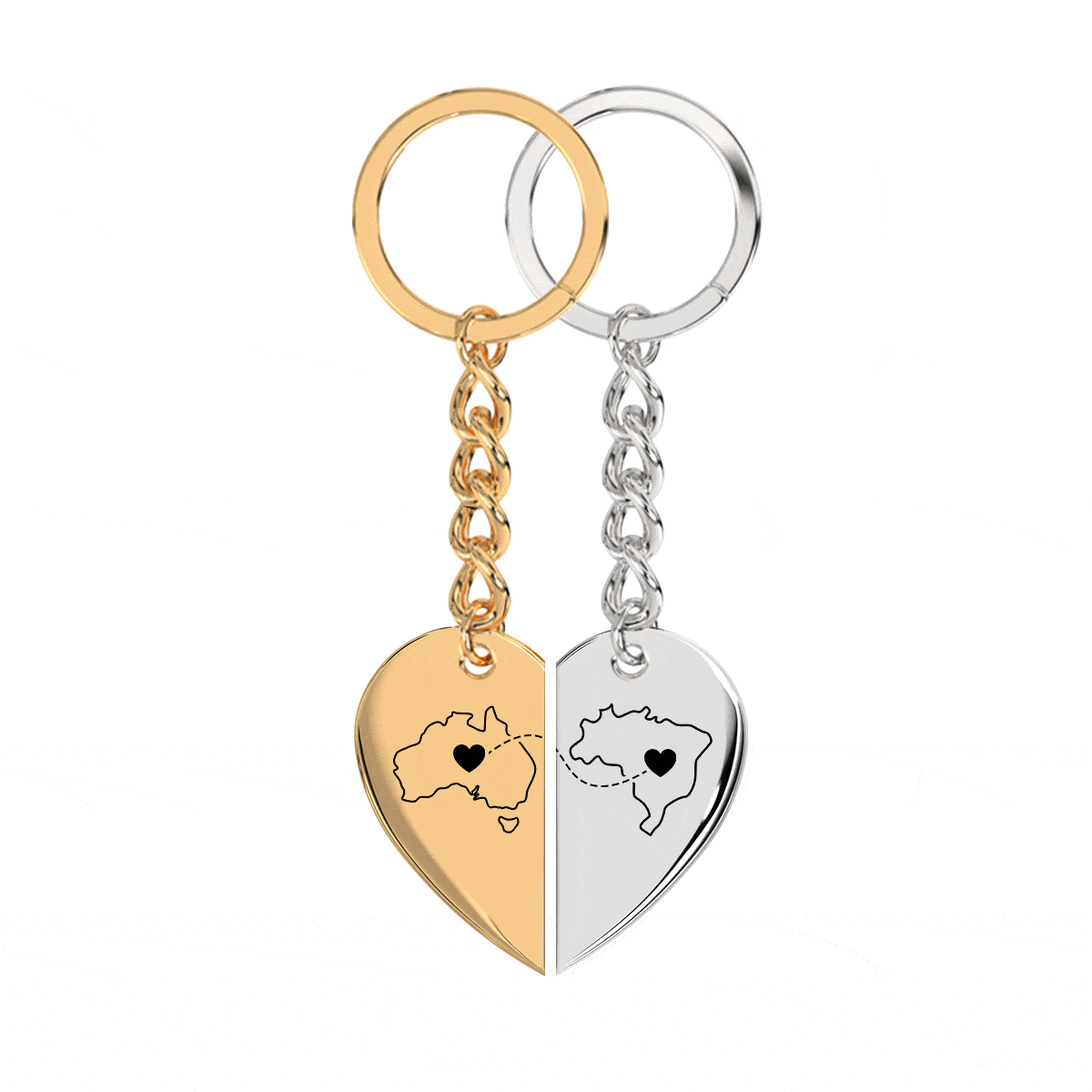 Heart Between Countries Engraved Keychain (2 Keychains)