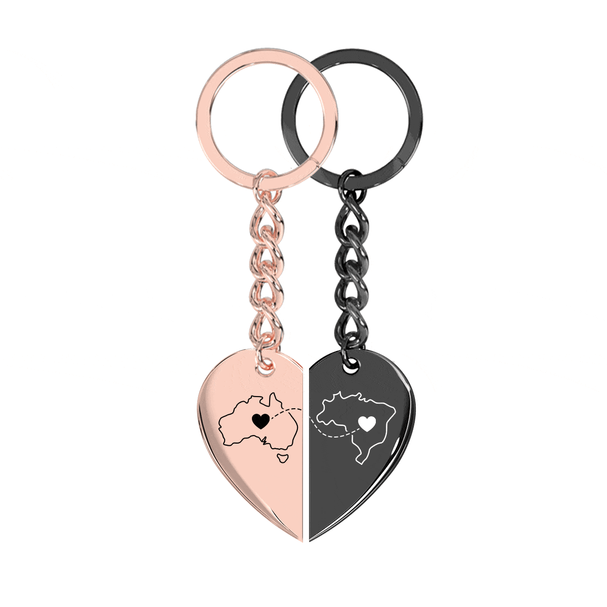 Heart Between Countries Engraved Keychain (2 Keychains)