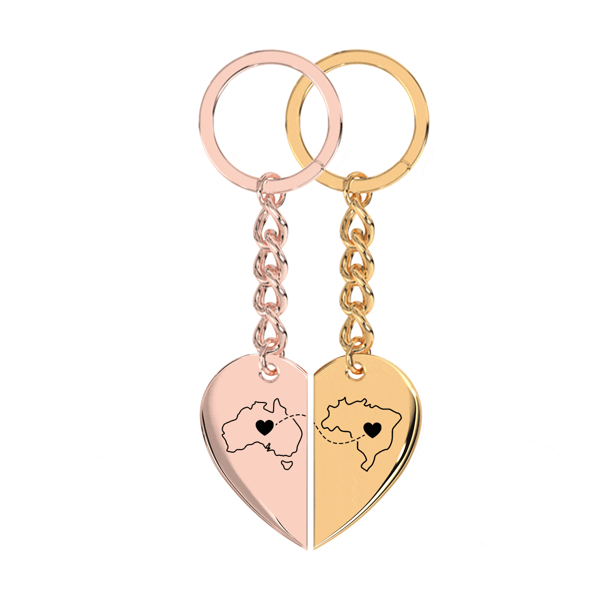 Heart Between Countries Engraved Keychain (2 Keychains)