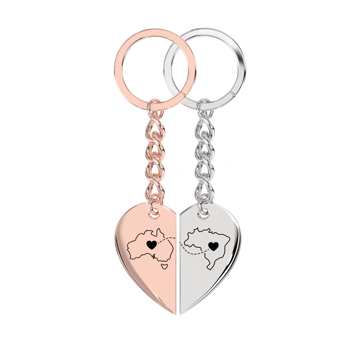 Heart Between Countries Engraved Keychain (2 Keychains)