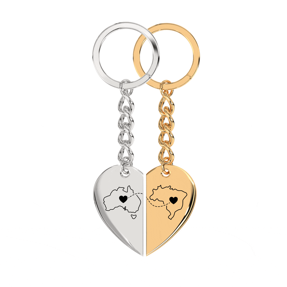 Heart Between Countries Engraved Keychain (2 Keychains)