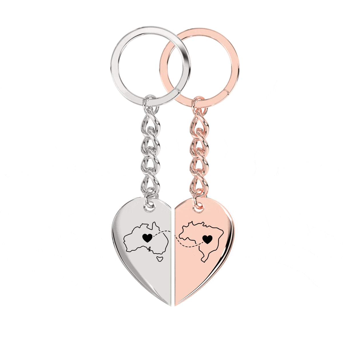 Heart Between Countries Engraved Keychain (2 Keychains)