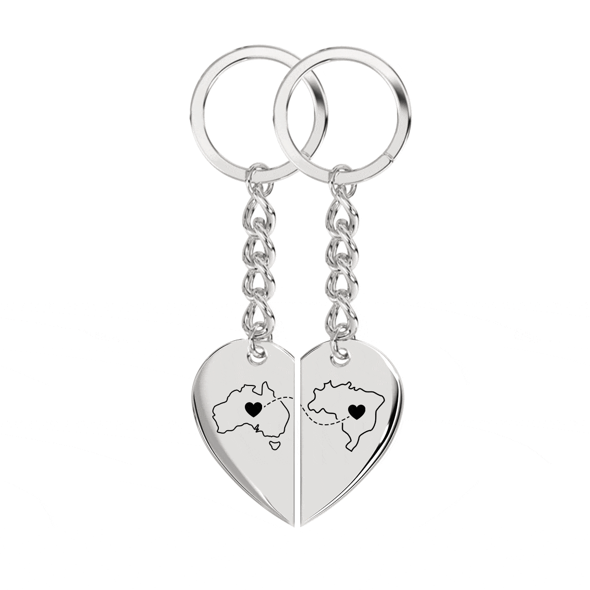 Heart Between Countries Engraved Keychain (2 Keychains)