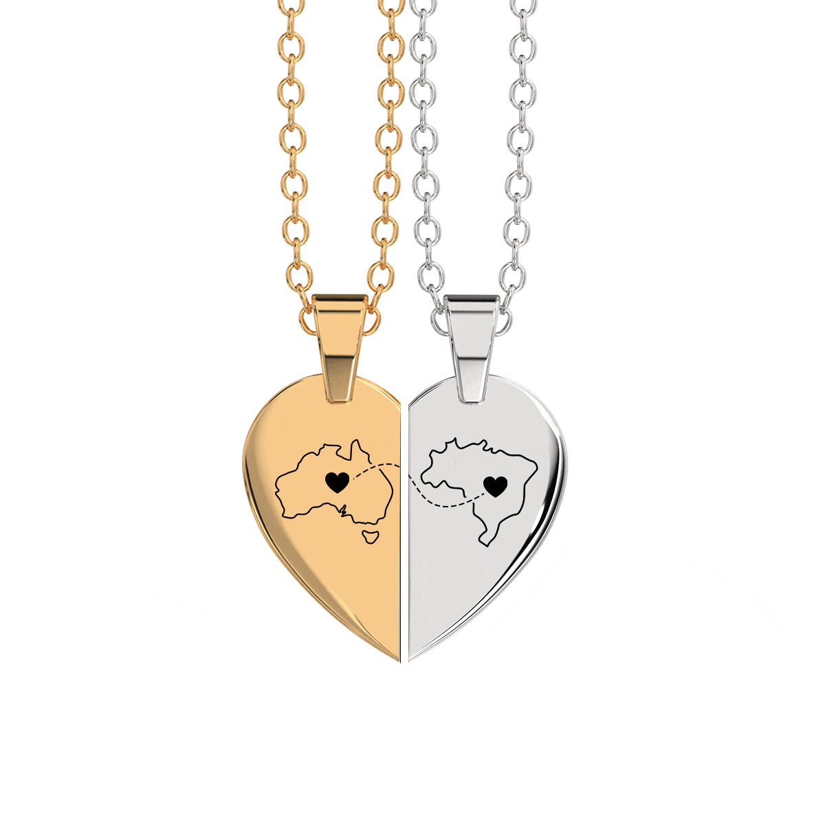 Heart Between Countries Engraved Necklace (2 Necklaces)