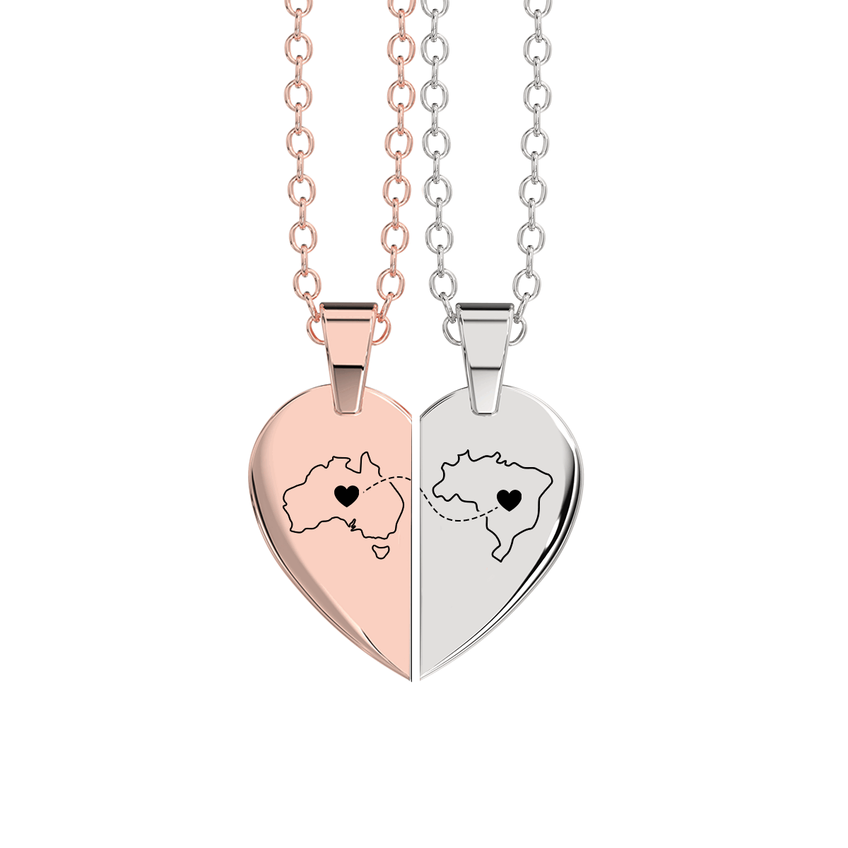 Heart Between Countries Engraved Necklace (2 Necklaces)