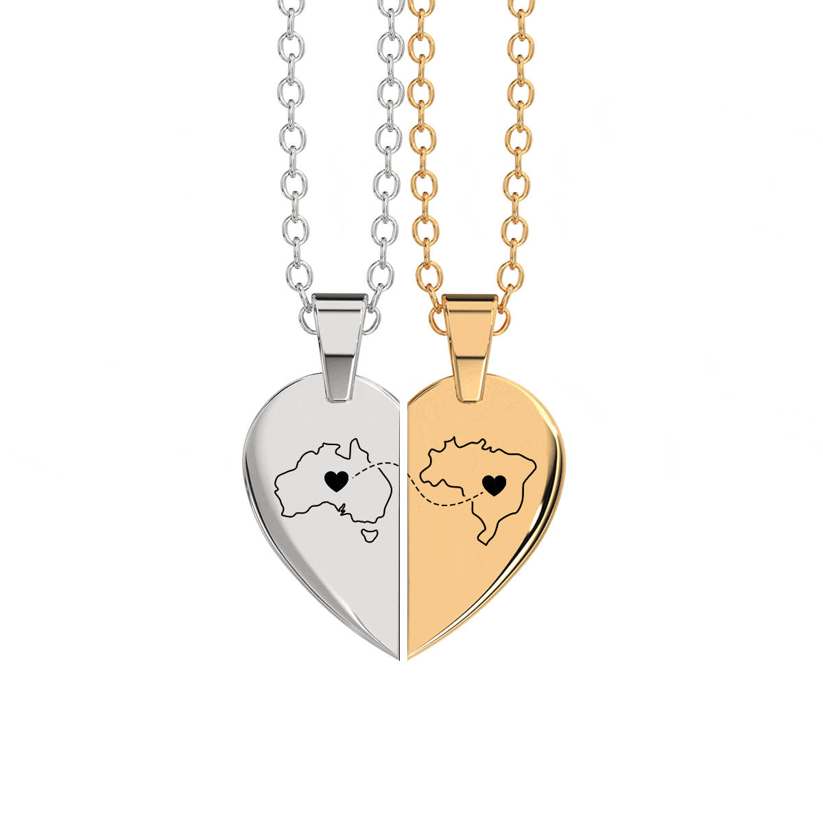 Heart Between Countries Engraved Necklace (2 Necklaces)