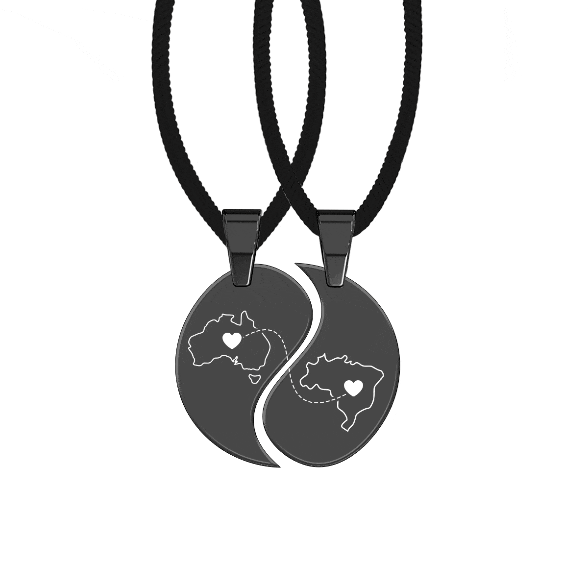Heart Between Countries Yin/Yang Engraved Necklace (2 Necklaces)