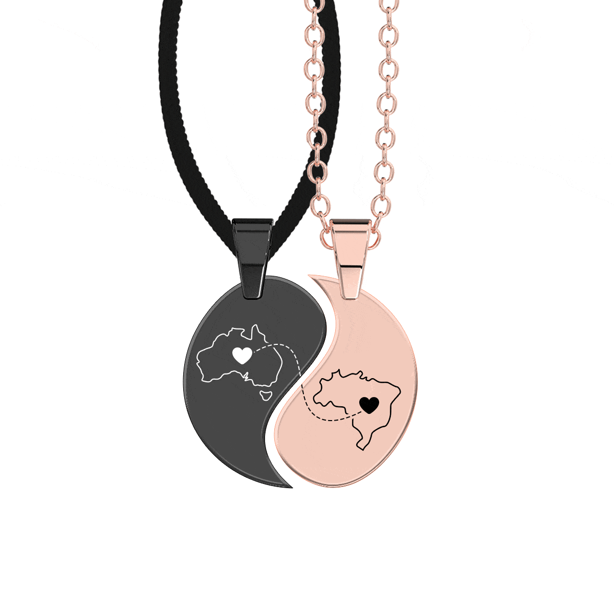 Heart Between Countries Yin/Yang Engraved Necklace (2 Necklaces)