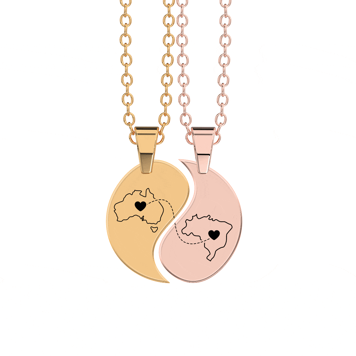 Heart Between Countries Yin/Yang Engraved Necklace (2 Necklaces)