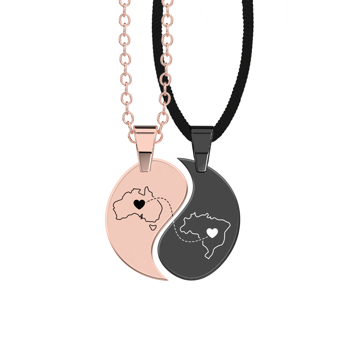 Heart Between Countries Yin/Yang Engraved Necklace (2 Necklaces)