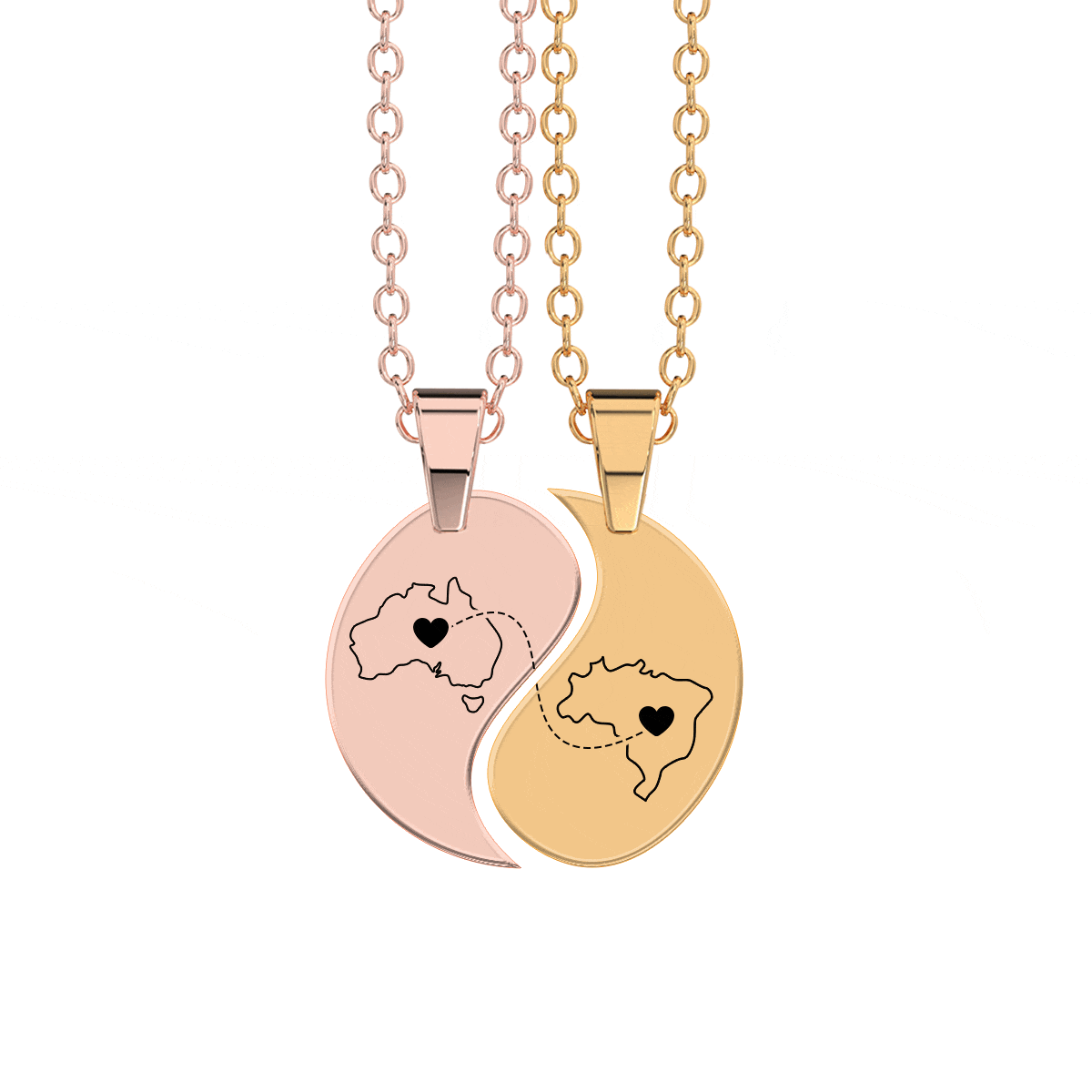 Heart Between Countries Yin/Yang Engraved Necklace (2 Necklaces)