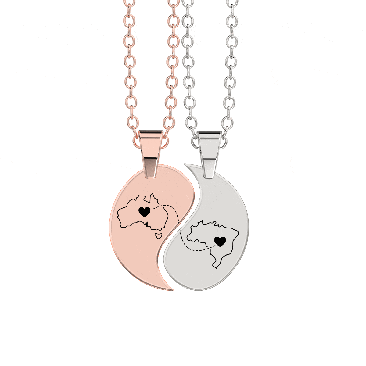 Heart Between Countries Yin/Yang Engraved Necklace (2 Necklaces)