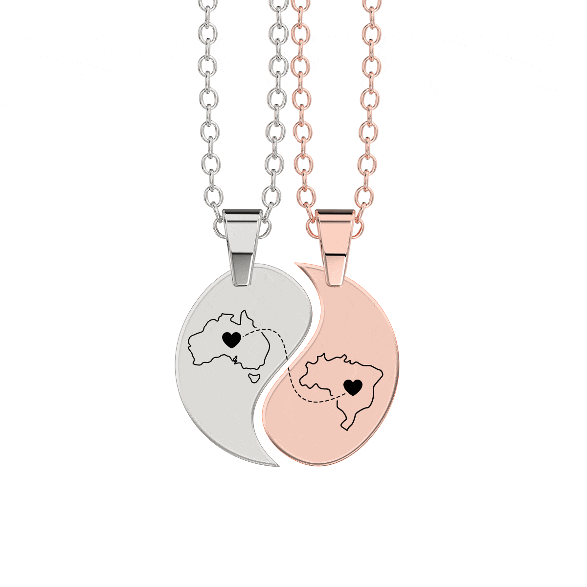 Heart Between Countries Yin/Yang Engraved Necklace (2 Necklaces)