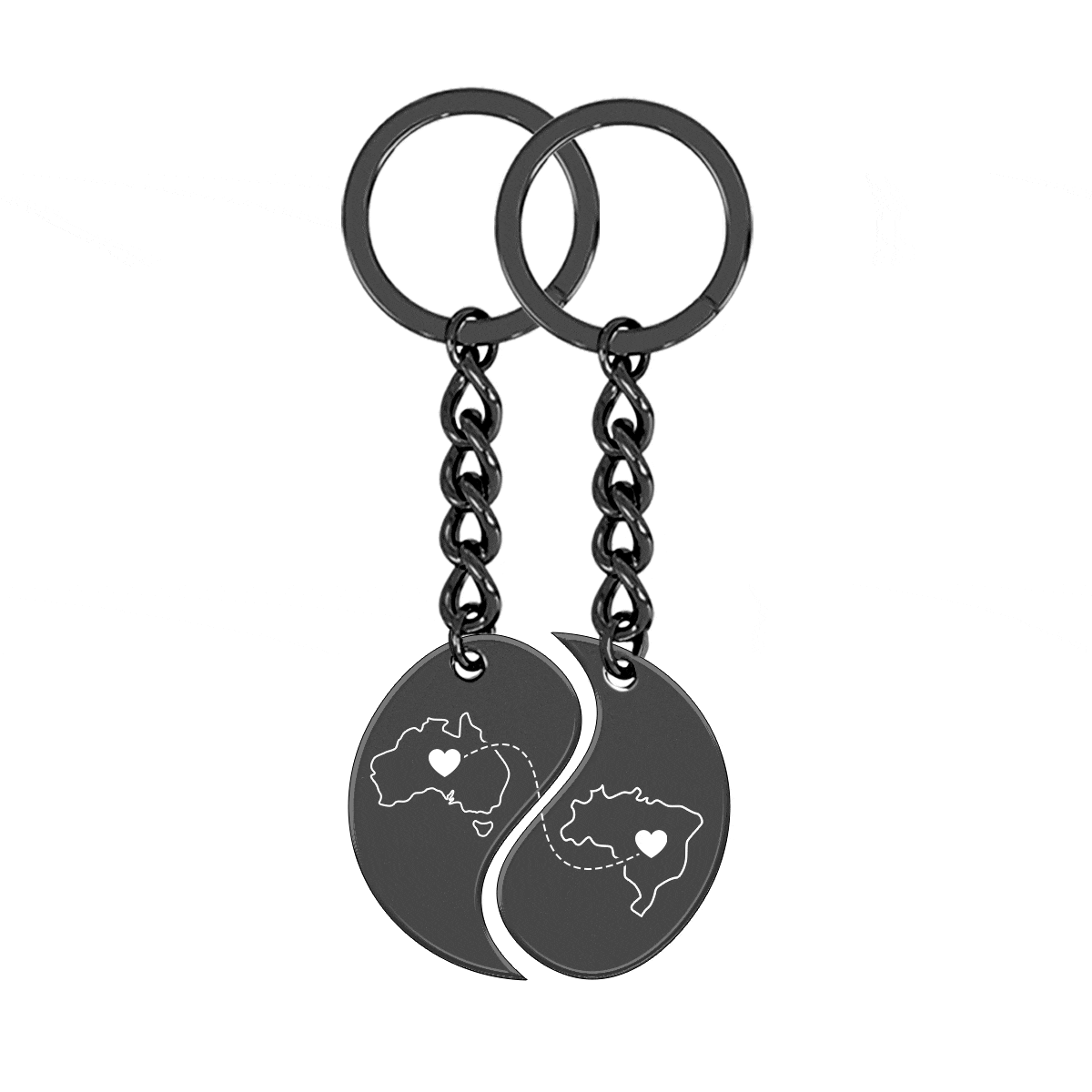 Heart Between Countries Yin/Yang Engraved Keychain (2 Keychains)