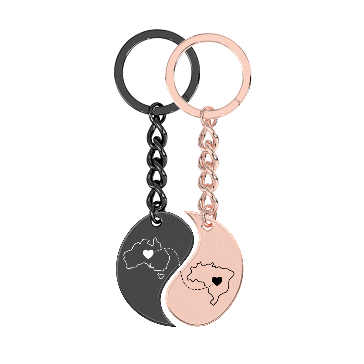 Heart Between Countries Yin/Yang Engraved Keychain (2 Keychains)