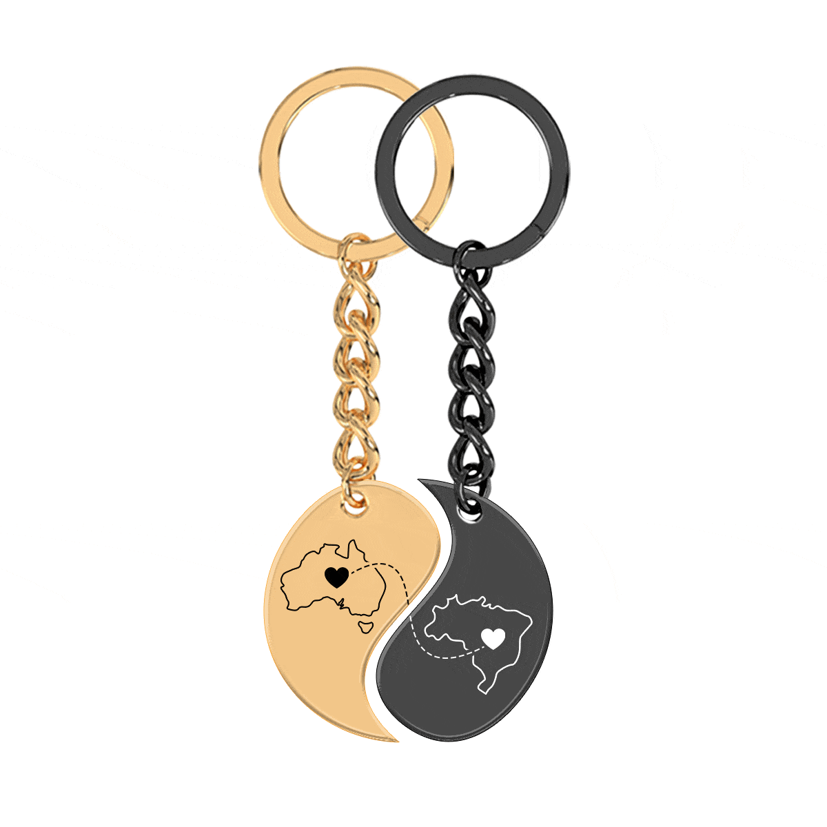 Heart Between Countries Yin/Yang Engraved Keychain (2 Keychains)