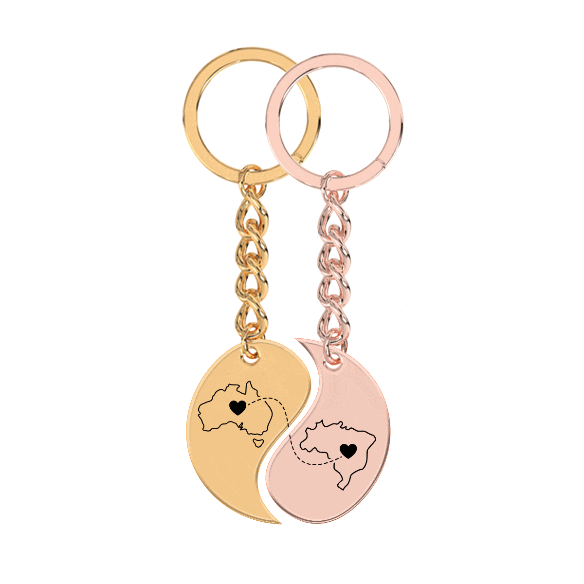 Heart Between Countries Yin/Yang Engraved Keychain (2 Keychains)