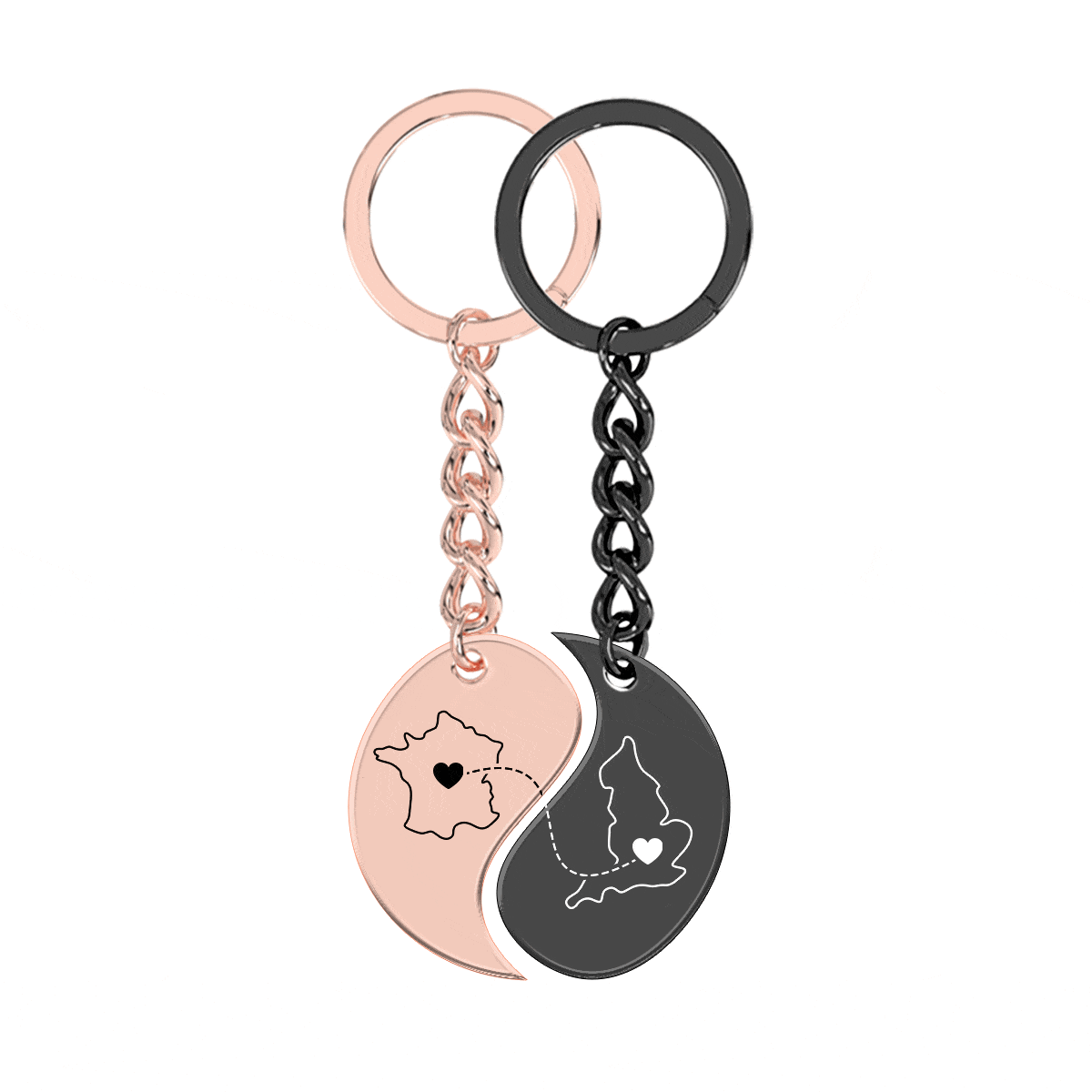 Heart Between Countries Yin/Yang Engraved Keychain (2 Keychains)