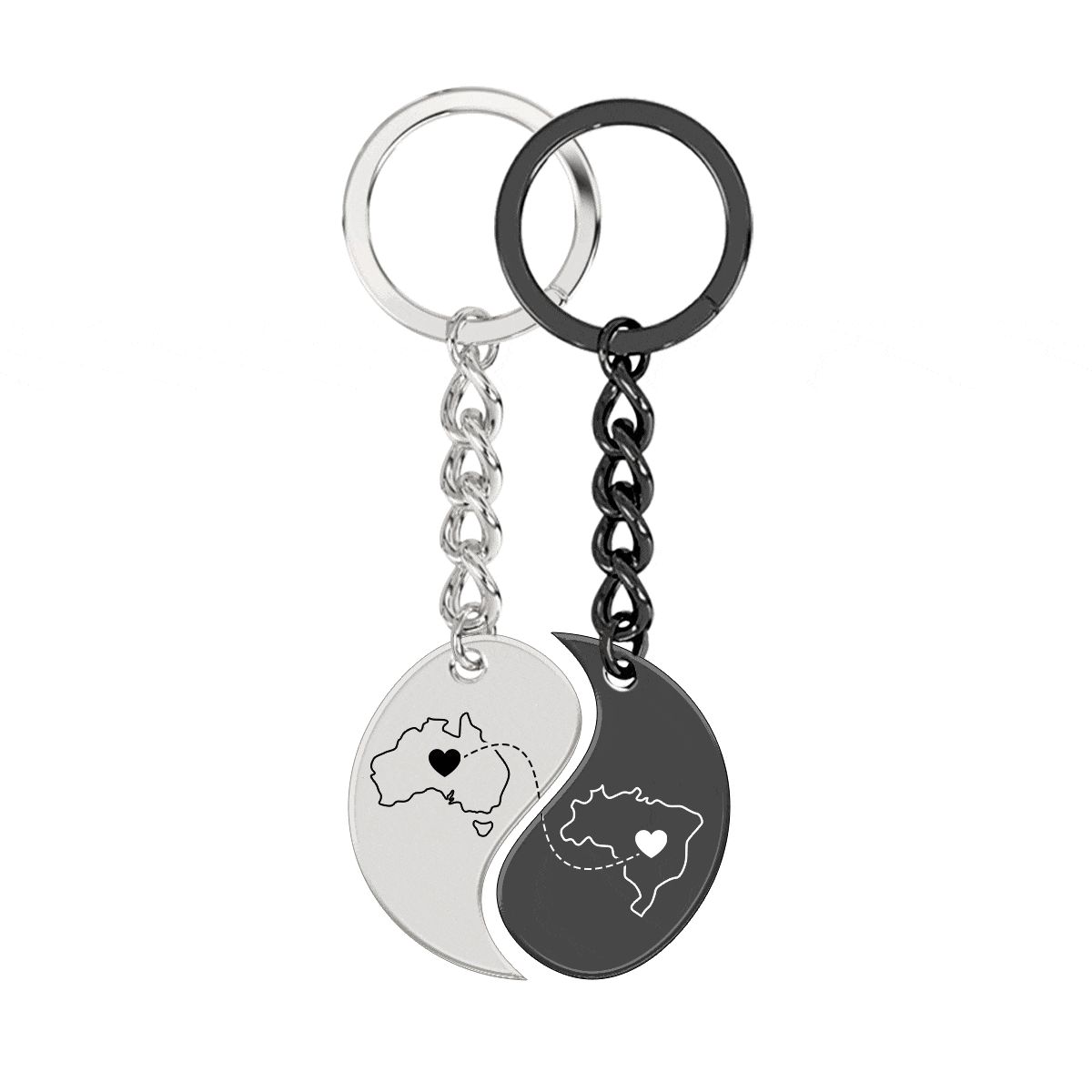 Heart Between Countries Yin/Yang Engraved Keychain (2 Keychains)