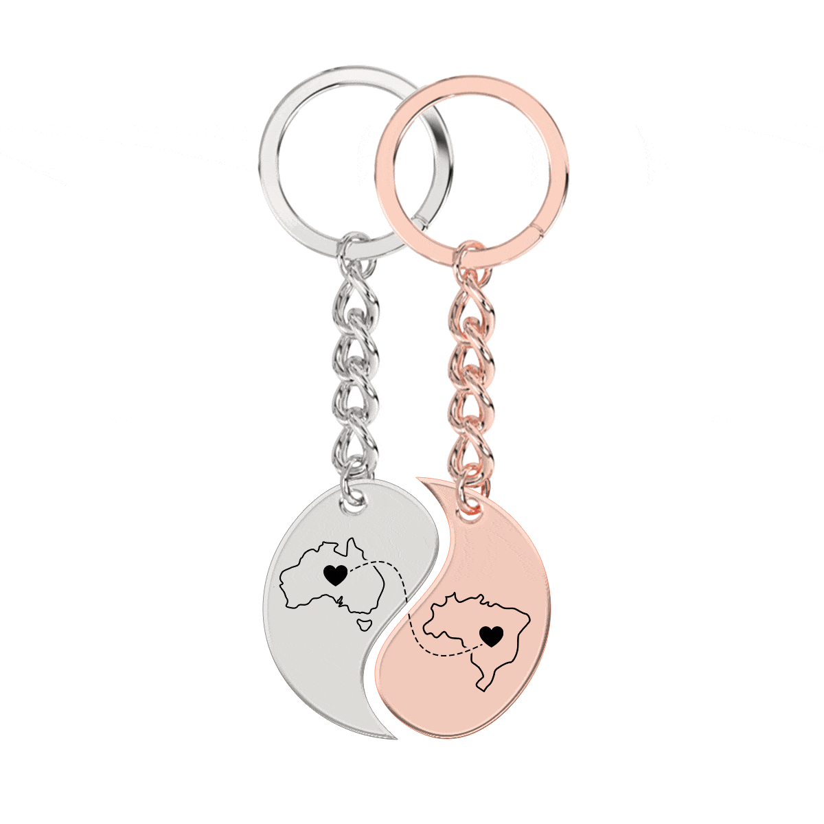 Heart Between Countries Yin/Yang Engraved Keychain (2 Keychains)
