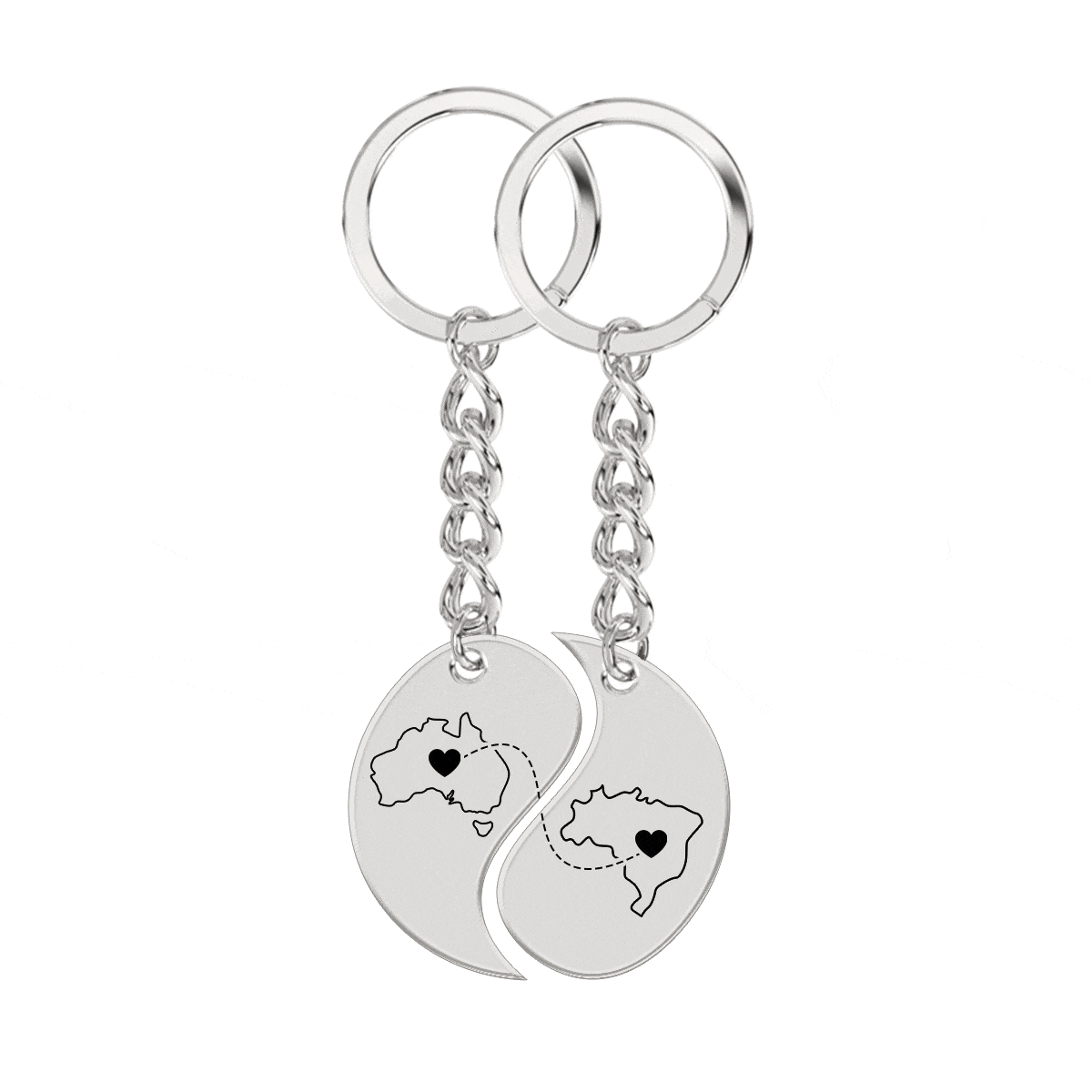 Heart Between Countries Yin/Yang Engraved Keychain (2 Keychains)